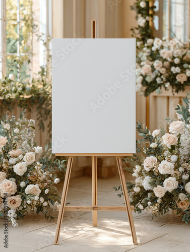 white blank 18x24 inch welcome sign mockup displayed on minimal light wood easel, standing in bright airy venue with soft beige plaster walls, background decorated with elegant floral 