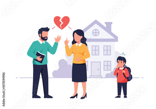 Vector illustration of a sad family with a broken heart symbol above, showing parents arguing and a crying child, representing divorce, separation, custody conflict, and emotional family struggles