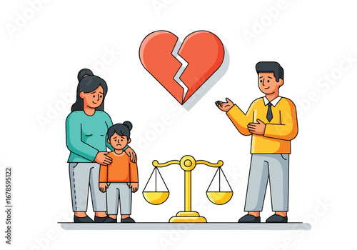 Vector illustration of a broken heart above a family conflict with a sad mother, child, and angry father, symbolizing divorce, custody battles, emotional stress, and family separation