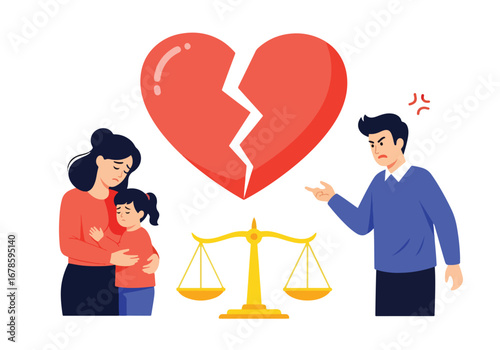 Vector illustration of a broken heart above a family conflict with a sad mother, child, and angry father, symbolizing divorce, custody battles, emotional stress, and family separation