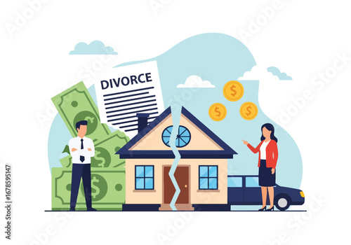 Vector illustration of a couple dividing property and assets during divorce, showing a split house, money, and car, symbolizing financial settlement, legal separation, and property division disputes