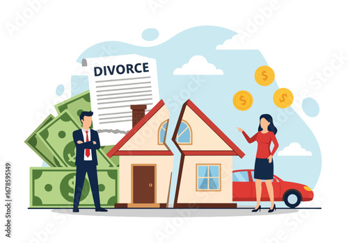 Vector illustration of a couple dividing property and assets during divorce, showing a split house, money, and car, symbolizing financial settlement, legal separation, and property division disputes