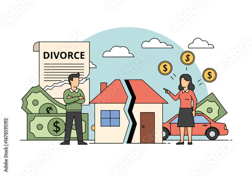 Vector illustration of a couple dividing property and assets during divorce, showing a split house, money, and car, symbolizing financial settlement, legal separation, and property division disputes
