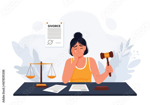 Illustration of a sad woman crying over divorce papers with a gavel and justice scale, symbolizing emotional stress, legal separation, and the challenges of broken relationships