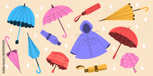 Umbrella for rain. Autumn accessories. Shelter from wet weather. Raincoat with hood. Open and folded brolly. Seasonal clothing. Rainy water drops. Doodle icons set. Vector fall garish illustration