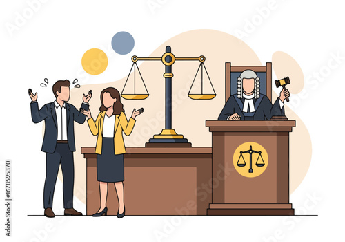 Vector illustration of a judge holding a gavel with a couple arguing beside scales of justice, symbolizing divorce trial, legal dispute, conflict resolution, and fairness in court decisions