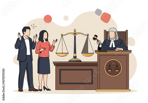 Vector illustration of a judge holding a gavel with a couple arguing beside scales of justice, symbolizing divorce trial, legal dispute, conflict resolution, and fairness in court decisions