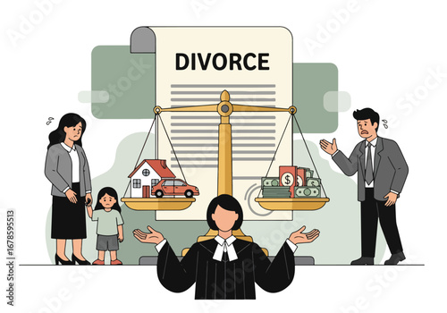 Vector illustration of a judge balancing assets, money, and family during divorce proceedings, symbolizing property division, custody battles, and financial settlement in legal separation cases