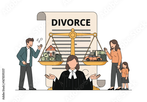 Vector illustration of a judge balancing assets, money, and family during divorce proceedings, symbolizing property division, custody battles, and financial settlement in legal separation cases