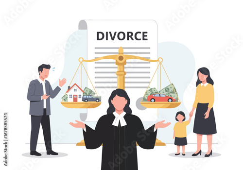 Vector illustration of a judge balancing assets, money, and family during divorce proceedings, symbolizing property division, custody battles, and financial settlement in legal separation cases