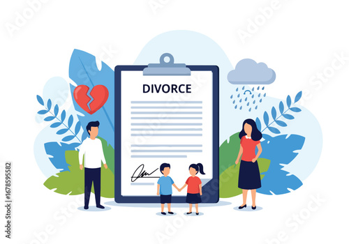 Vector illustration of a family facing divorce with parents arguing and a child standing between them, symbolizing separation, custody conflict, and emotional impact of broken relationships