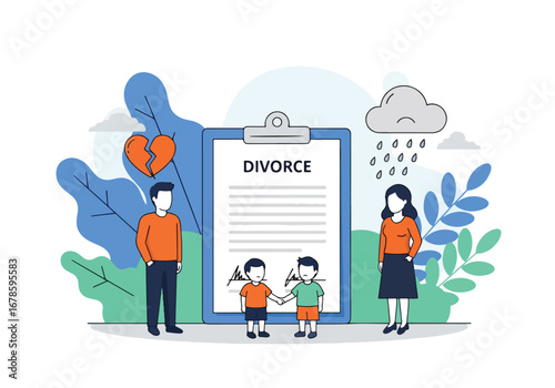 Vector illustration of a family facing divorce with parents arguing and a child standing between them, symbolizing separation, custody conflict, and emotional impact of broken relationships