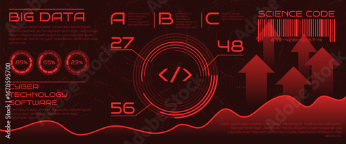 Big data technology. Visualization infographic. Statistics science. Geometric software HUD design. Digital information for business. Barcode and analytic diagram. Vector tech garish polygon background