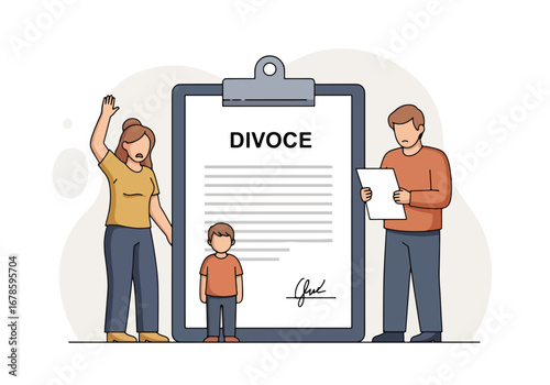 Vector illustration of a family facing divorce with parents arguing and a child standing between them, symbolizing separation, custody conflict, and emotional impact of broken relationships