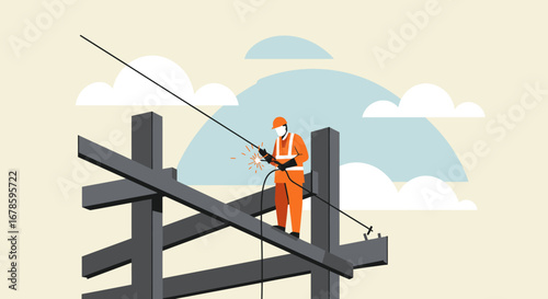Construction Worker Welding Steel Beams on Building Site.
