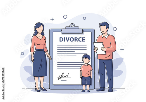 Vector illustration of a family facing divorce with parents arguing and a child standing between them, symbolizing separation, custody conflict, and emotional impact of broken relationships