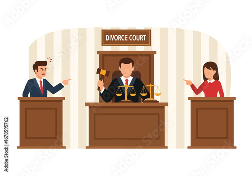 Vector illustration of a divorce court scene with a judge and angry couple arguing, symbolizing legal separation, conflict resolution, family disputes, and justice in relationship matters