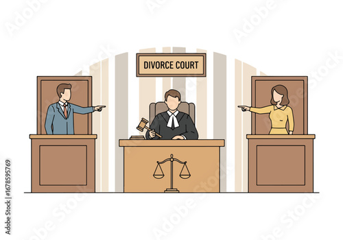Vector illustration of a divorce court scene with a judge and angry couple arguing, symbolizing legal separation, conflict resolution, family disputes, and justice in relationship matters