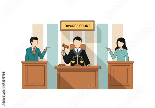 Vector illustration of a divorce court scene with a judge and angry couple arguing, symbolizing legal separation, conflict resolution, family disputes, and justice in relationship matters