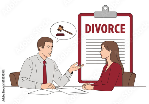 Vector illustration of a lawyer consulting a client about divorce paperwork, symbolizing legal advice, family law, relationship separation, and professional support in court proceedings