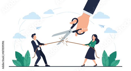Vector art of a man and woman in a tug of war being cut by giant scissors, symbolizing conflict resolution, competition, and breaking ties in business or personal relationships
