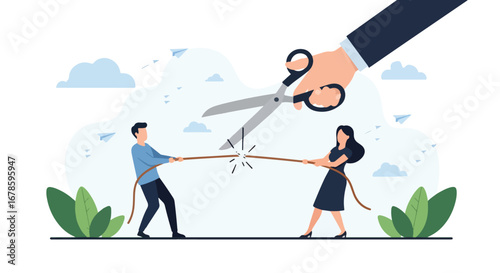 Vector art of a man and woman in a tug of war being cut by giant scissors, symbolizing conflict resolution, competition, and breaking ties in business or personal relationships
