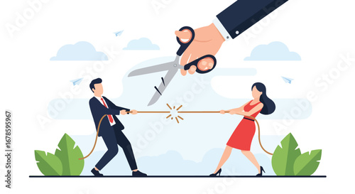 Vector art of a man and woman in a tug of war being cut by giant scissors, symbolizing conflict resolution, competition, and breaking ties in business or personal relationships