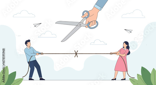 Vector art of a man and woman in a tug of war being cut by giant scissors, symbolizing conflict resolution, competition, and breaking ties in business or personal relationships