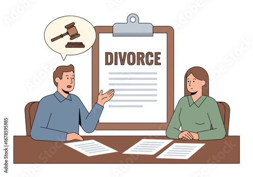 Vector illustration of a lawyer consulting a client about divorce paperwork, symbolizing legal advice, family law, relationship separation, and professional support in court proceedings