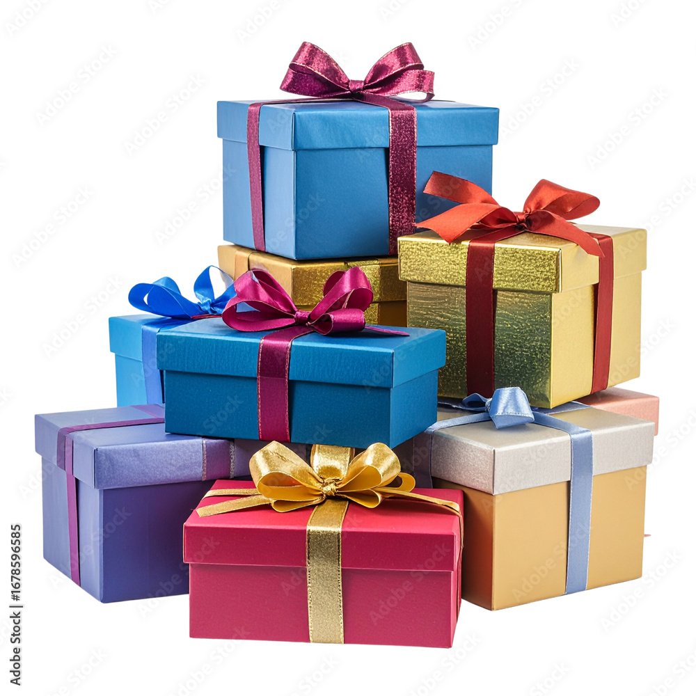 Obraz premium A festive celebration with a golden gift box isolated on a white background, featuring a red ribbon and bow