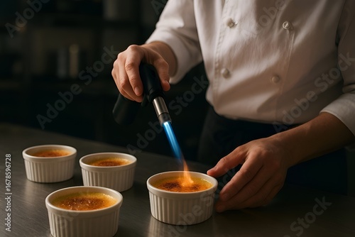 Chef torching crème brûlée dessert with culinary torch in professional kitchen, caramelizing sugar with precision and skill