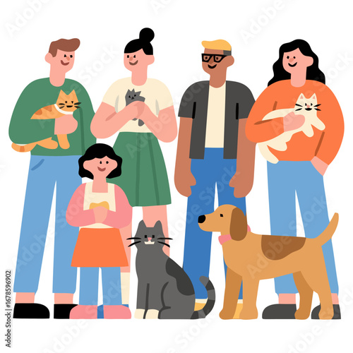 Vector art of group of people with their cats and dogs are standing together happily