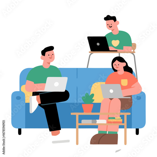 Vector art of three people are working on their laptops while sitting at home