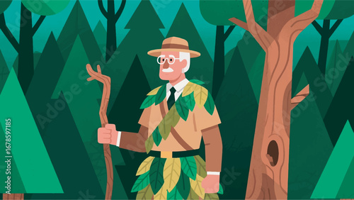 Illustration of Senior Politician as a Forest Guardian Design Template with Nature Background
