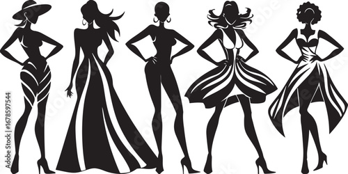 Fashion Silhouette Vector with Stylish Women, Elegant Dress Designs, Trendy Outfits, Fashionable Figures, Chic Look, Model Poses, Style, Couture, Glamorous, Modern, Apparel, Runway, Fashion Design, Cr