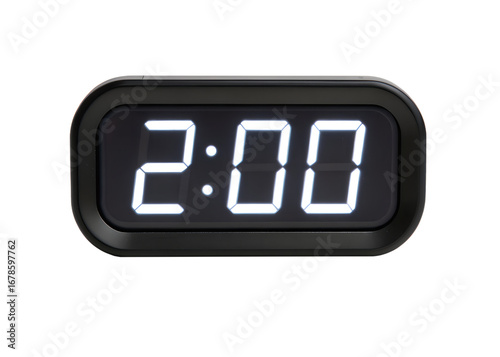 Close up of digital alarm clock displaying 2:00, photorealistic, on white background.
