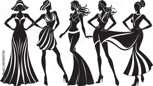 Fashion Silhouette Vector with Stylish Women, Elegant Dress Designs, Trendy Outfits, Fashionable Figures, Chic Look, Model Poses, Style, Couture, Glamorous, Modern, Apparel, Runway, Fashion Design, Cr