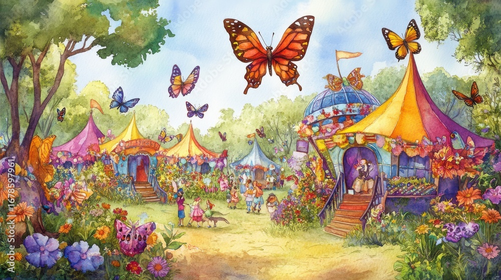 Obraz premium Children playing joyfully with butterflies at fantasy market