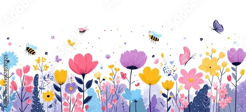 Wallpaper Mural Colorful floral border with bees and butterflies Torontodigital.ca