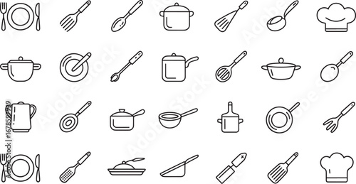 Assorted Kitchenware and Cooking Utensil Icons in Line Art utensils equipment
