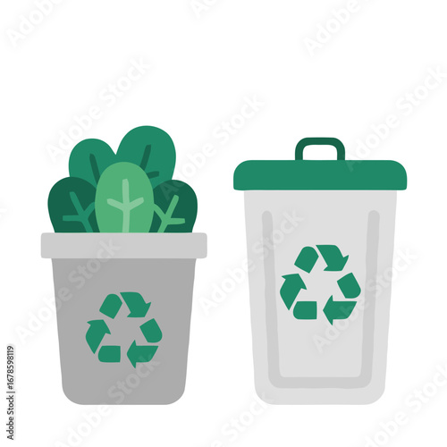 Vector art of recycle bin and plant pot with recycle symbol