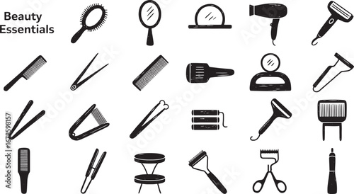 Beauty Essentials Collection Hand Drawn Icons On White Background hair comb