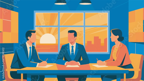 Illustration of Three News Anchors on a Desk Design Template with Studio Background