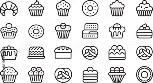 Collection of Bakery and Pastry Icons in Black and White Outline Style croissant muffin