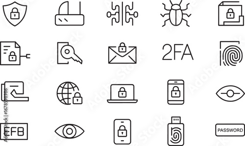 Cybersecurity icons shield firewall key email lock 2FA fingerprint USB drive padlock