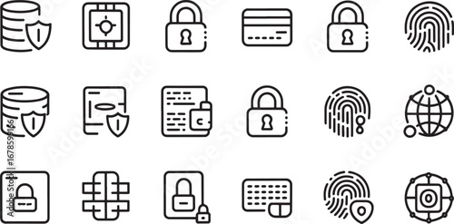 Digital Security Icons with Locks Fingerprints and Network Symbols vector illustration