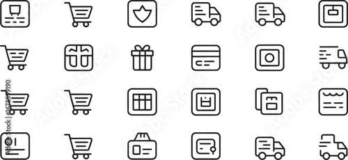 E-commerce and delivery service icons in a grid layout shopping cart credit card