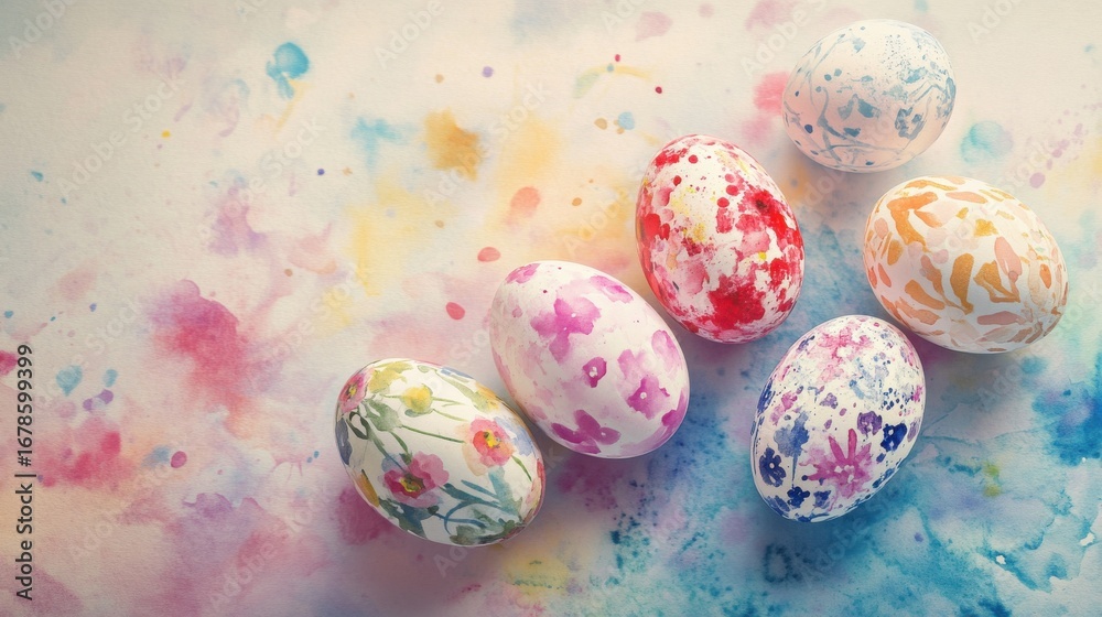Fototapeta premium Colorful decorated eggs arranged on flat surface indoors