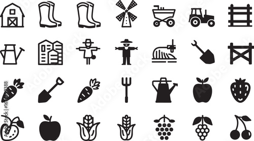 Farming and Agriculture Icons in Black and White Silhouette Style barn boots