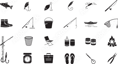 Fishing Gear and Equipment Icons in Silhouette Style hook bait
